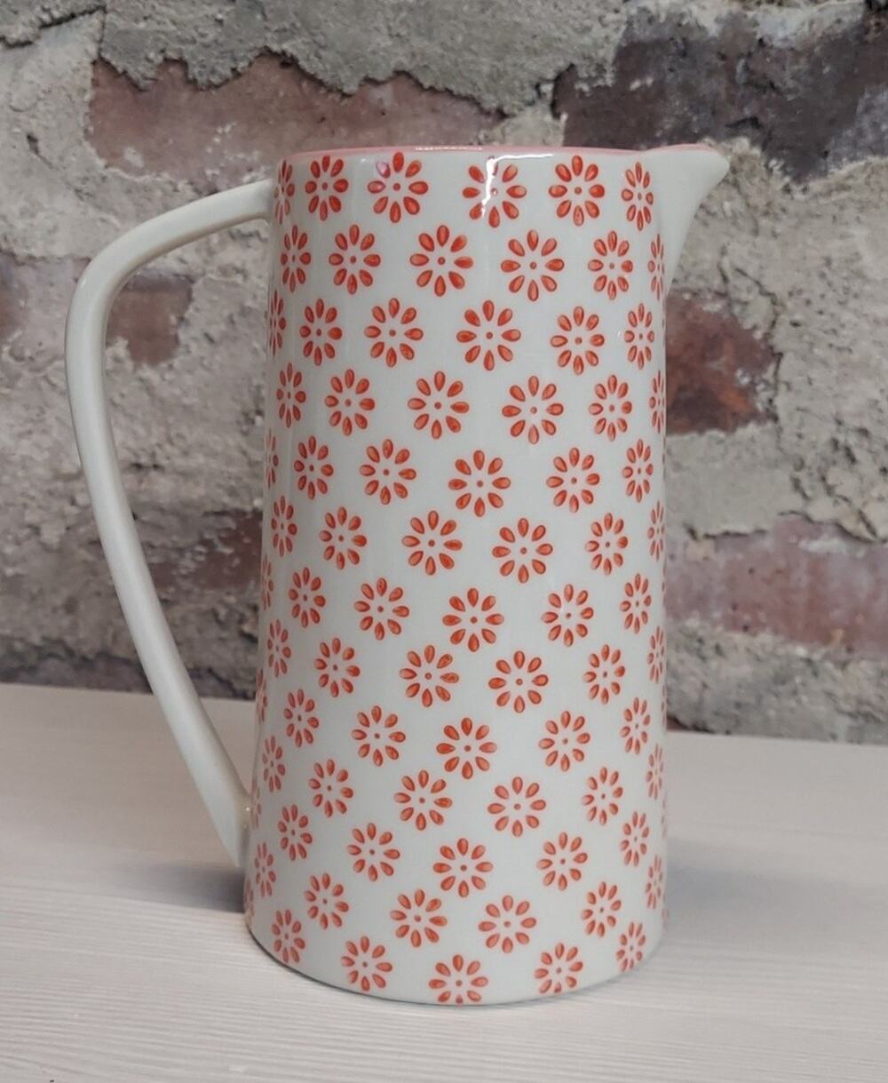 Bloomingville Pitcher Creamer Red Orange Floral Ceramic Farmhouse Decor 8.5 In